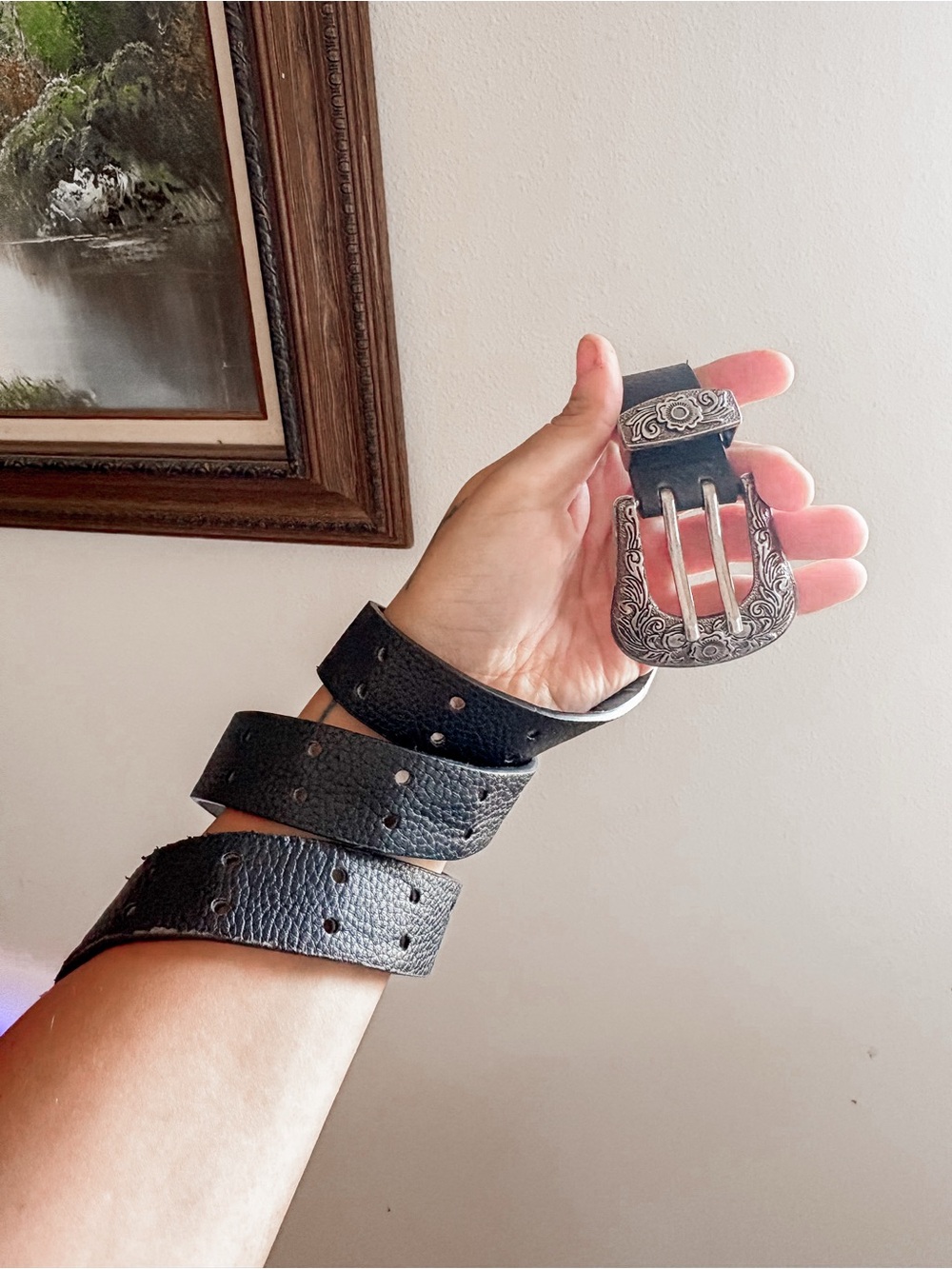 Women's Black Textured Leather Belt with Engraved Silver Buckle
